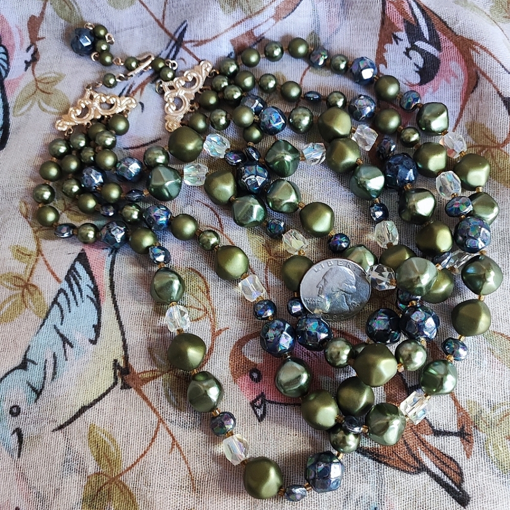 4 Strand Vintage Signed Japan Faux Olive Pearls Glass Oil Slick Clear Necklace - Picture 8 of 11
